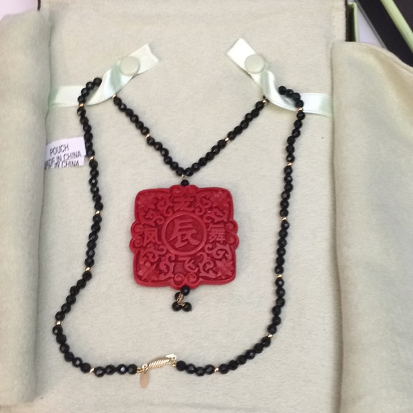 14K Gold Onyx & Cinnabar Necklace